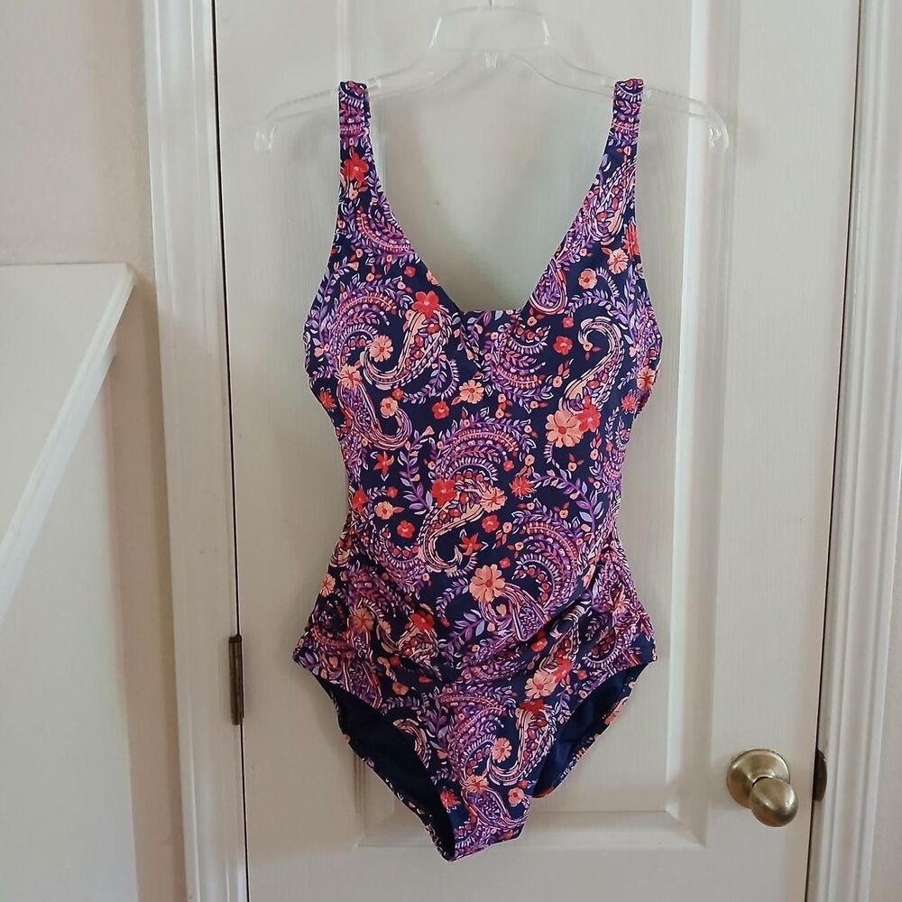 Lands' End slimming Grecian one-piece swimsuit in paisley floral print M boho